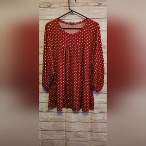 Brick red XL tunic w/white polka dots.3/4 sleeves.Gathered yoke above breast.EUC